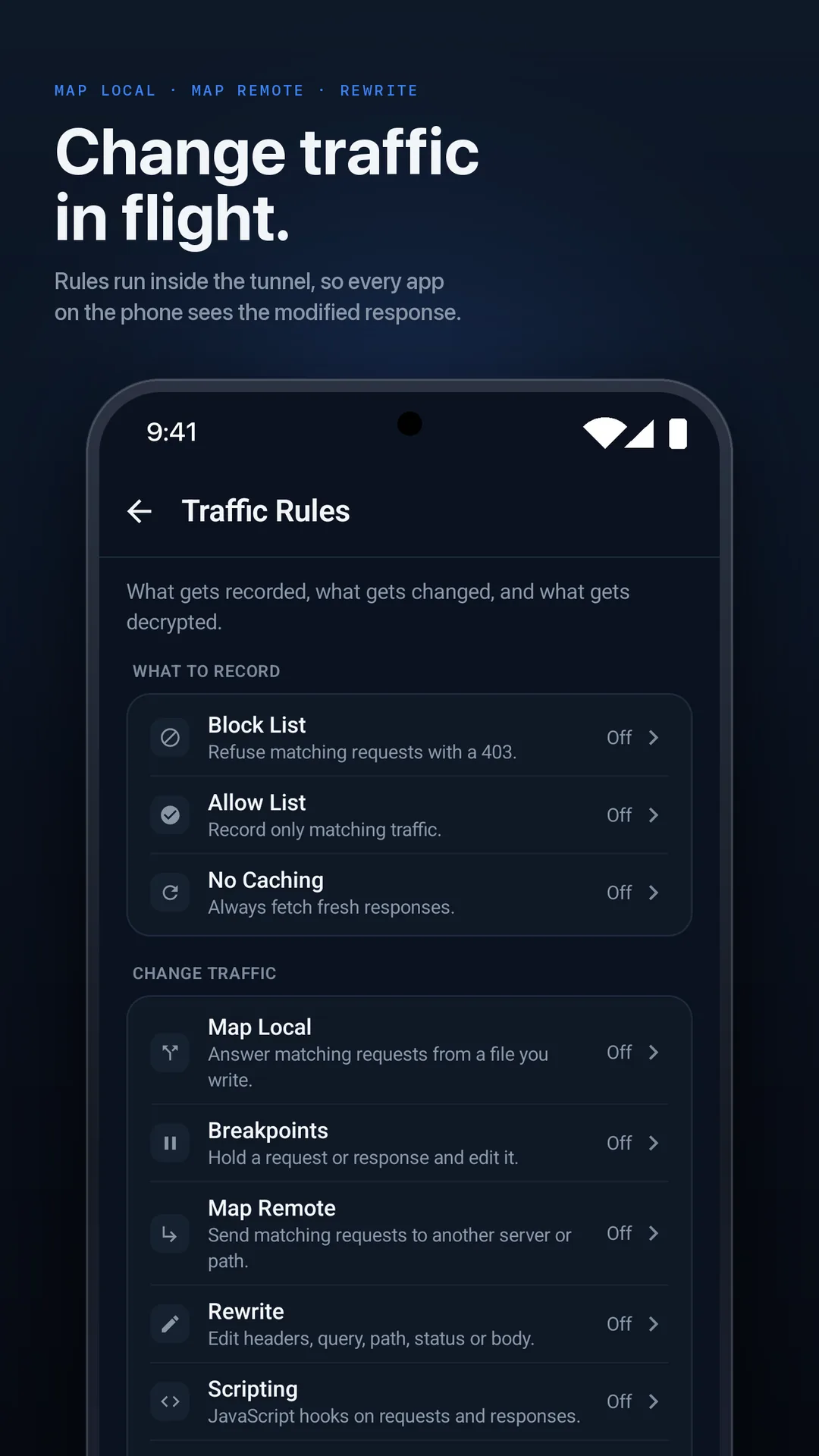 The Traffic Rules hub on Android, with Block, Allow, No Caching, Map Local, Breakpoints, Map Remote, Rewrite and Scripting