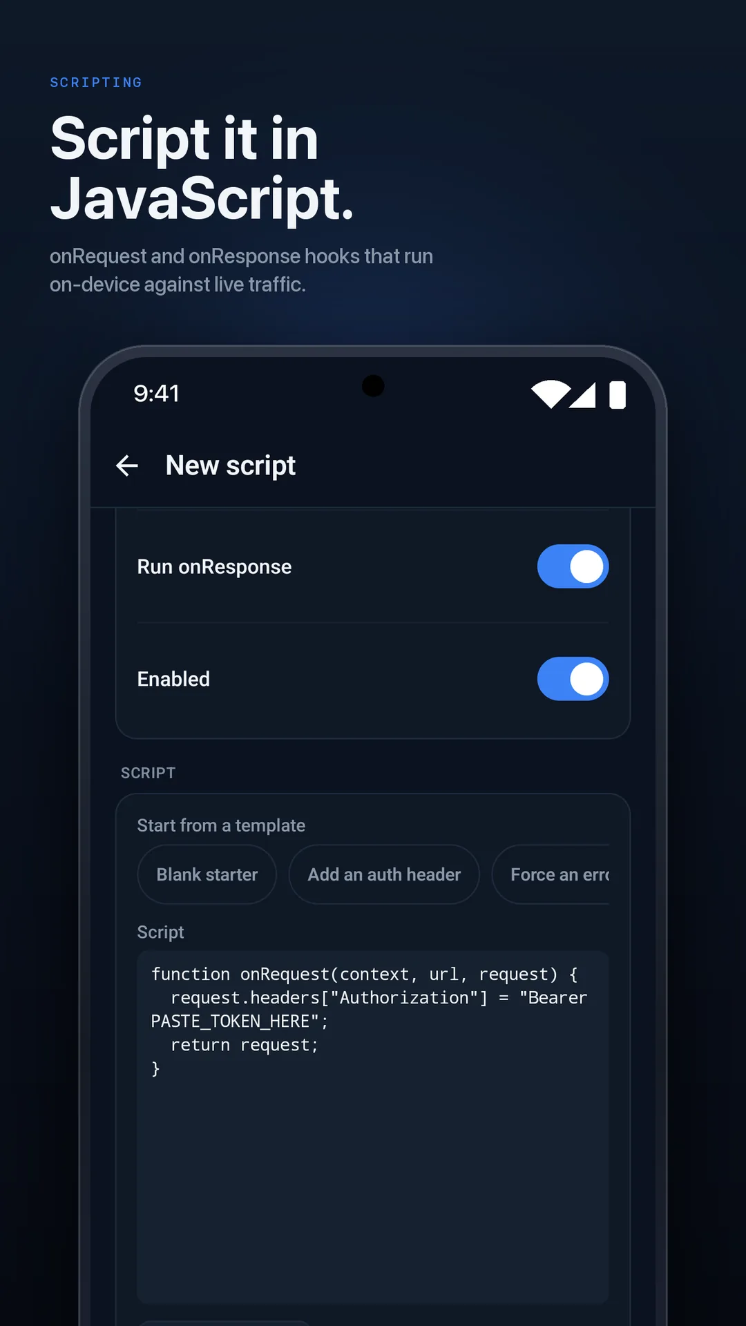 The new script screen on Android, with an onRequest JavaScript hook