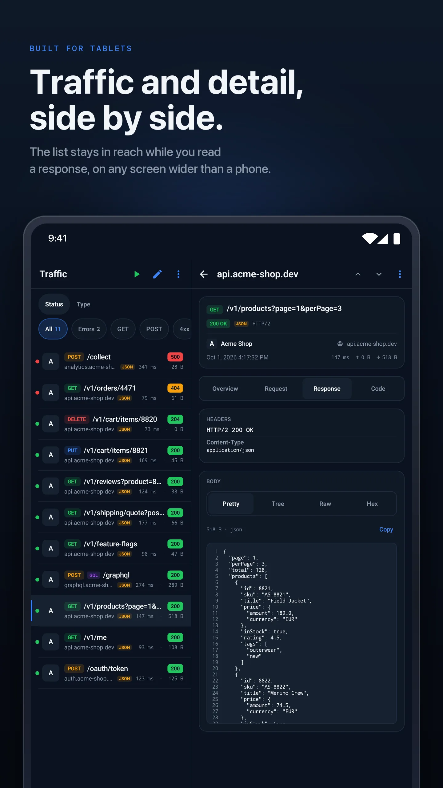 HTTPGlass on an Android tablet: traffic list and request detail side by side