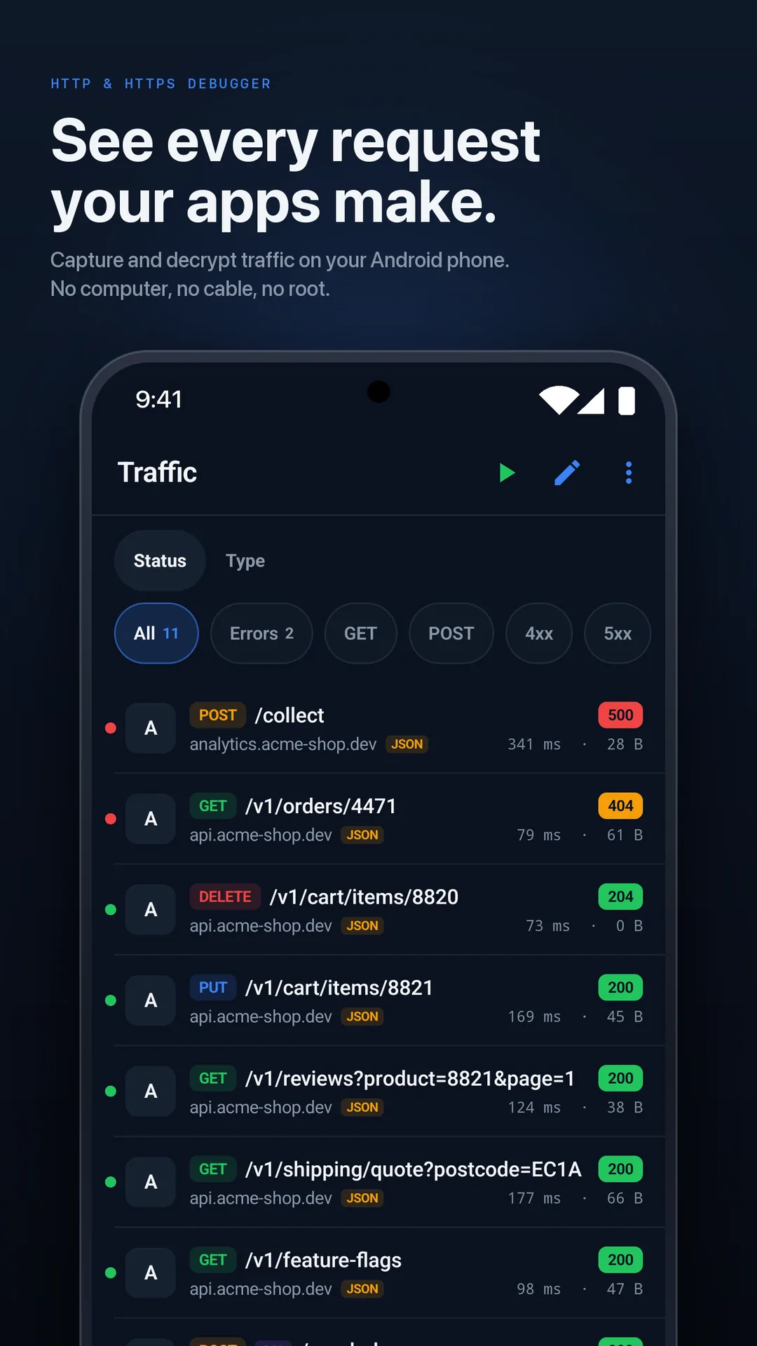 HTTPGlass on Android: the traffic list with status filter chips and per-app icons