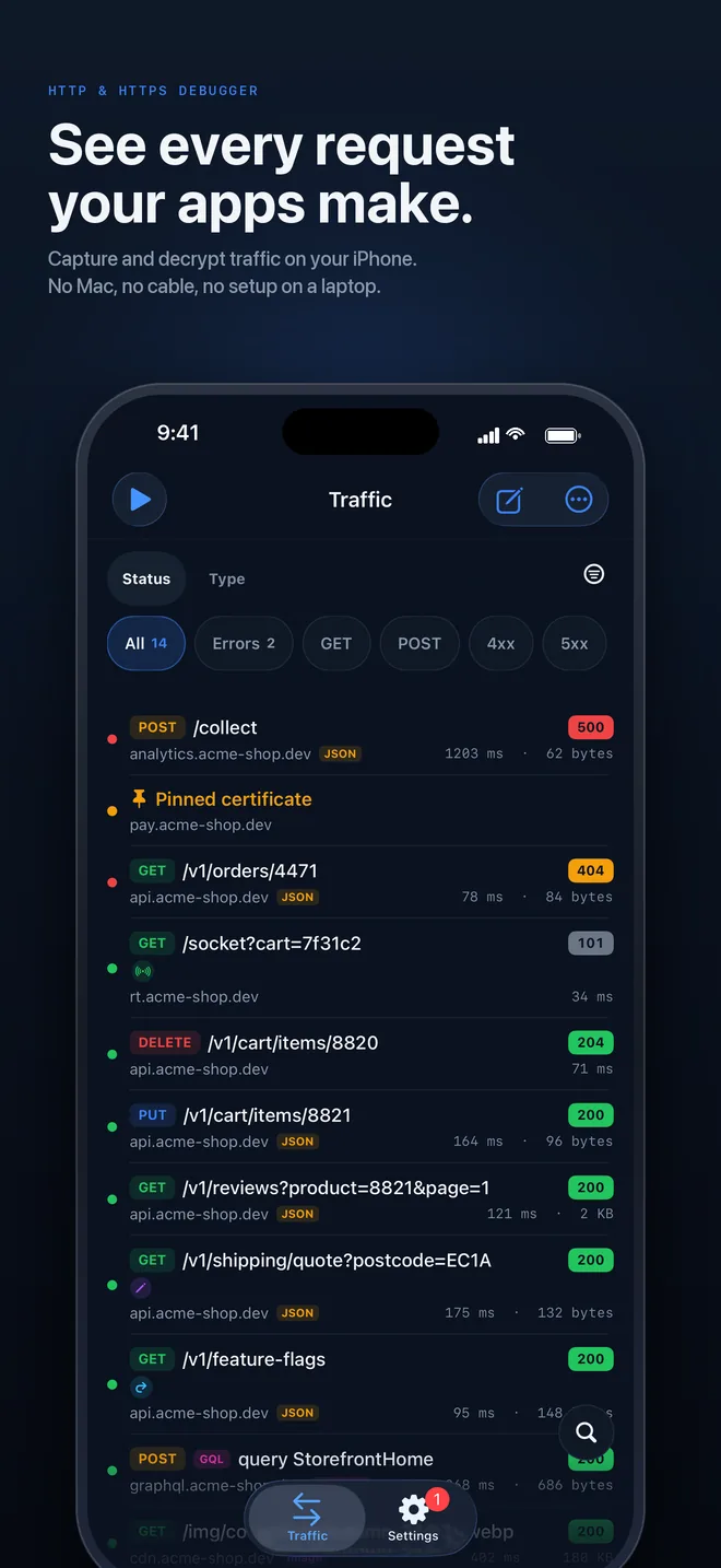HTTPGlass on iPhone: the traffic list with status filters, a failed POST and a pinned-certificate warning